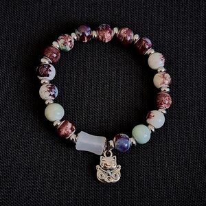 💎 3/$25 Elegant Ceramic Beaded Bracelet with Silver Lucky Cat Charm